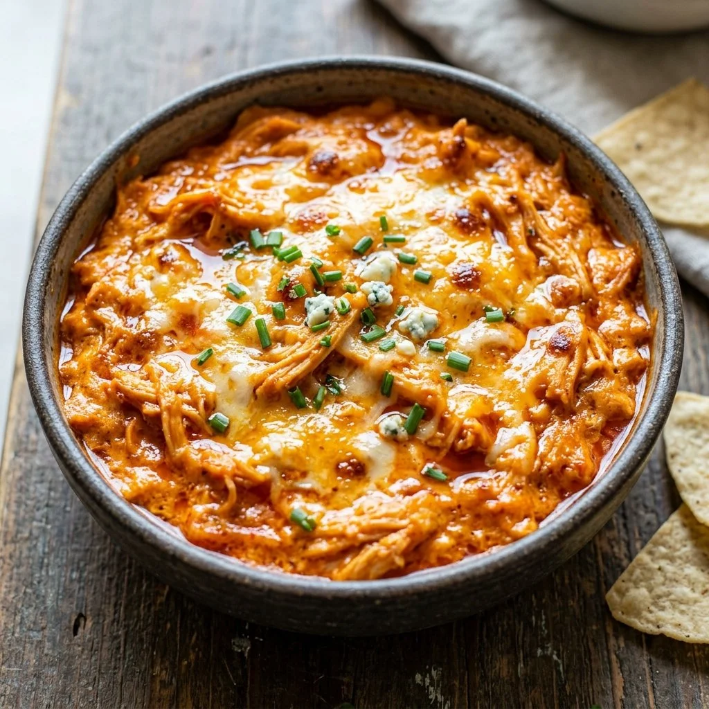 Delicious Buffalo Chicken Dip served in a bowl with chips and celery sticks.