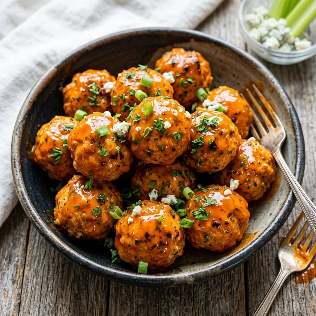 Delicious Buffalo Chicken Meatballs served on a platter with dipping sauce