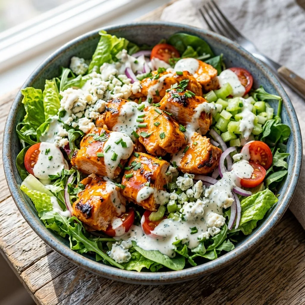 A fresh and spicy Buffalo Chicken Salad with grilled chicken, lettuce, and dressing
