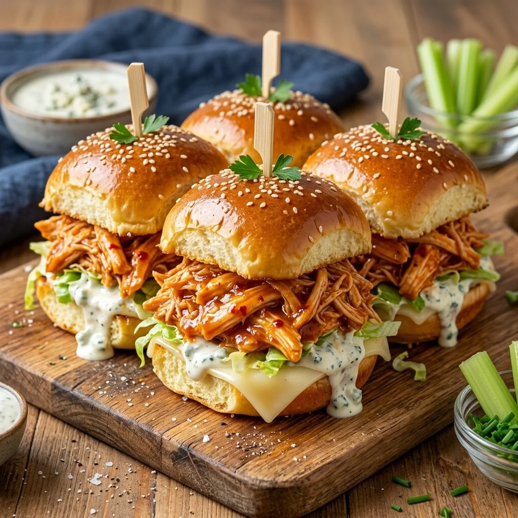 Buffalo Chicken Sliders served on a platter with garnishes