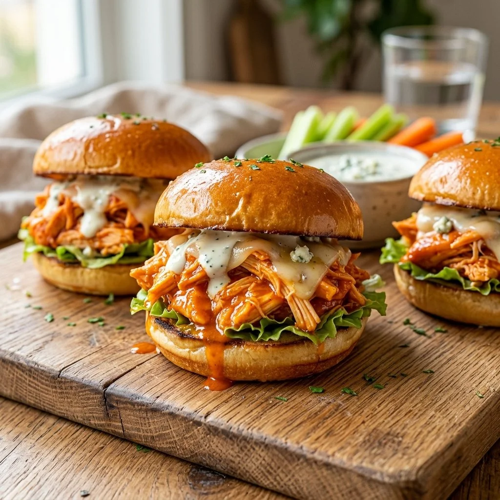 Buffalo Chicken Sliders served with sauce and toppings