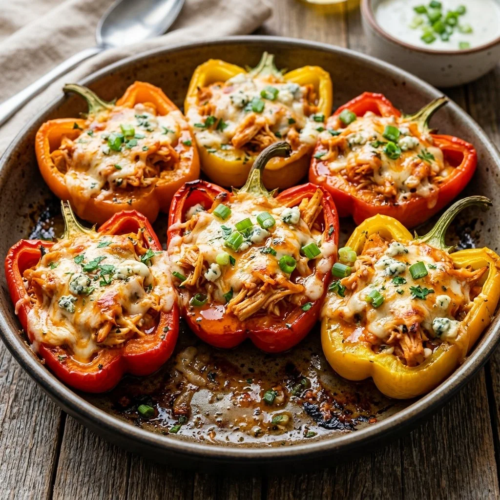 Buffalo Chicken Stuffed Peppers on a plate, garnished with herbs.