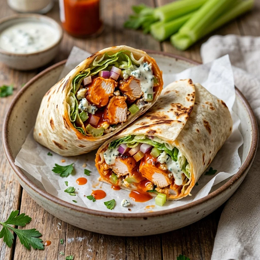 Delicious buffalo chicken wraps with lettuce and sauce on a plate