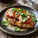 Succulent Caprese Chicken Breast with mozzarella, tomatoes, and basil