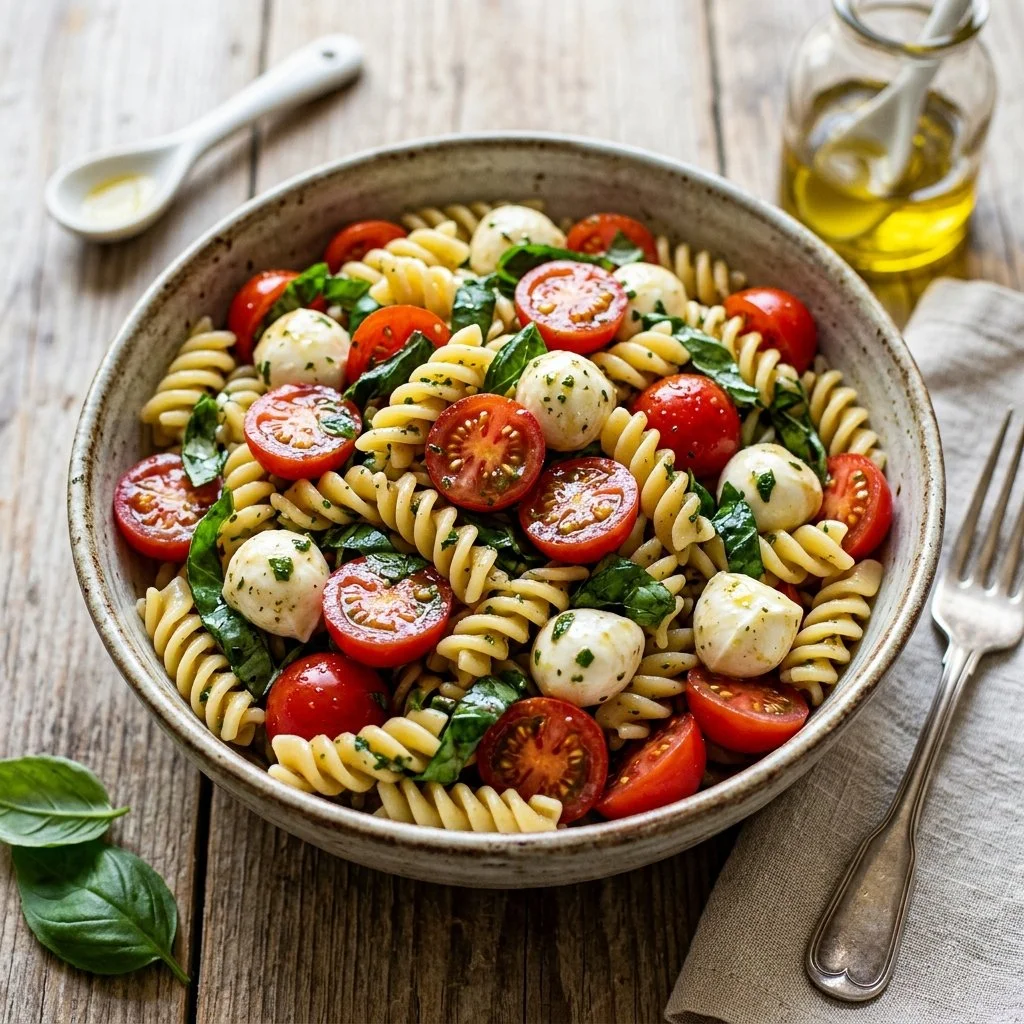 Delicious Caprese Pasta Salad with tomatoes, basil, and mozzarella drizzled with balsamic glaze.