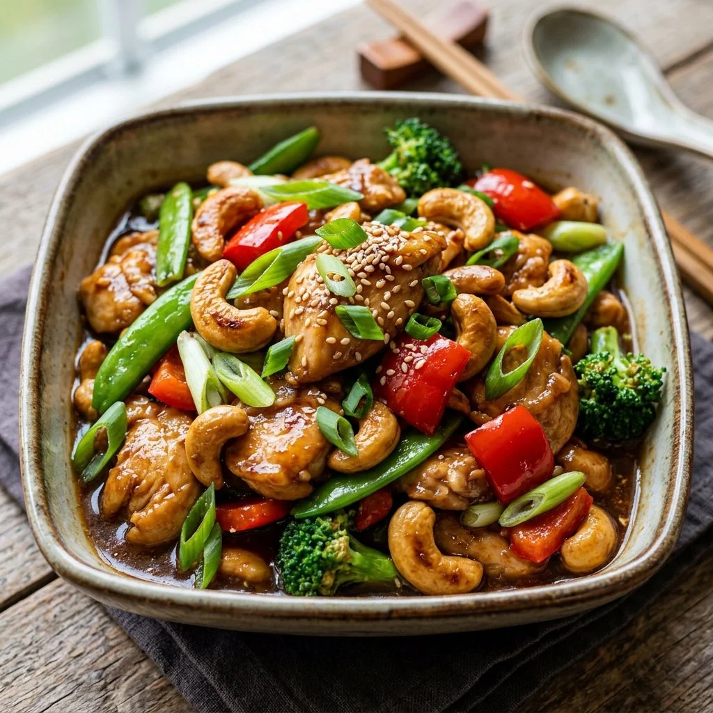 Delicious cashew chicken stir fry with vegetables and cashews in a colorful plate