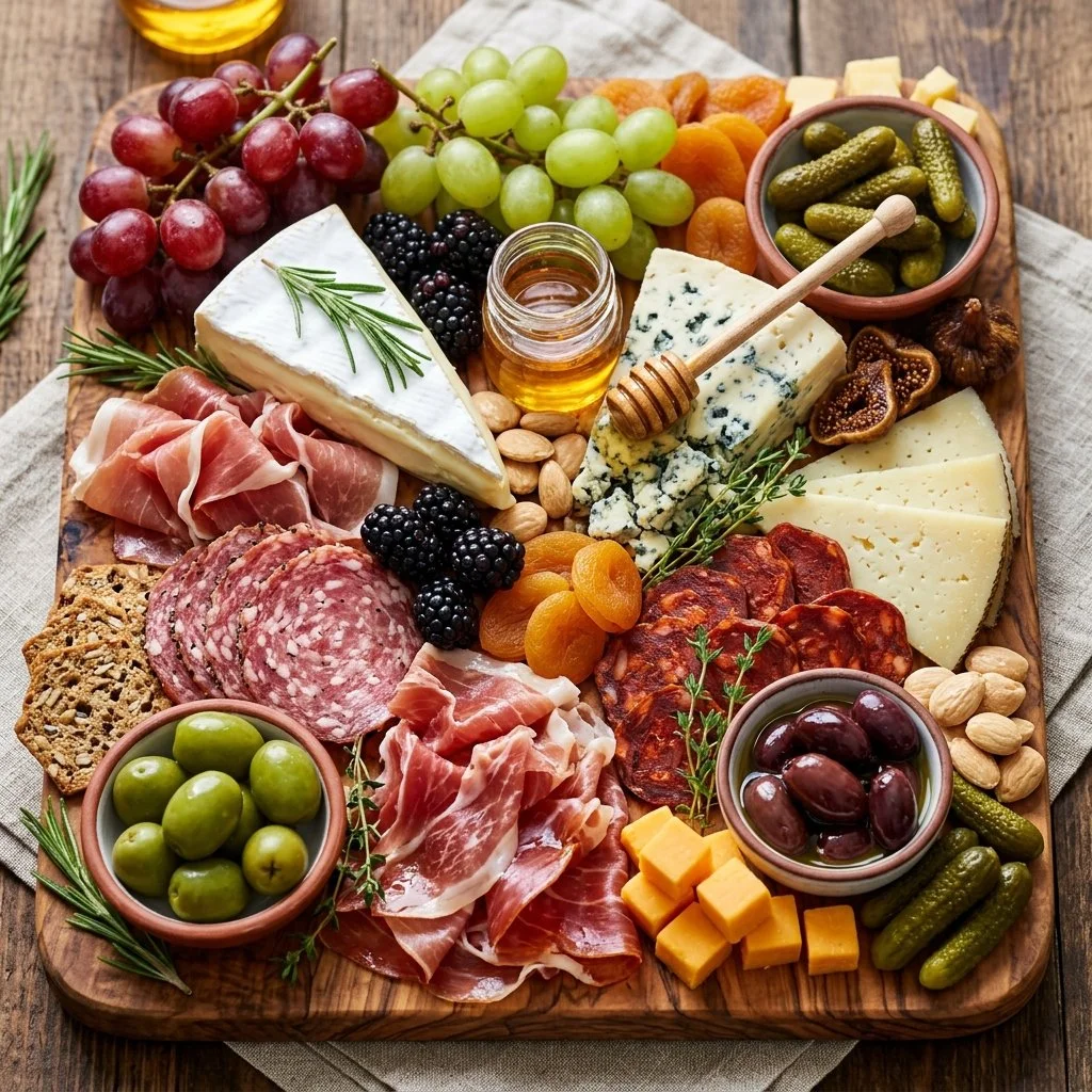 A beautifully arranged charcuterie board featuring meats, cheeses, and fruits