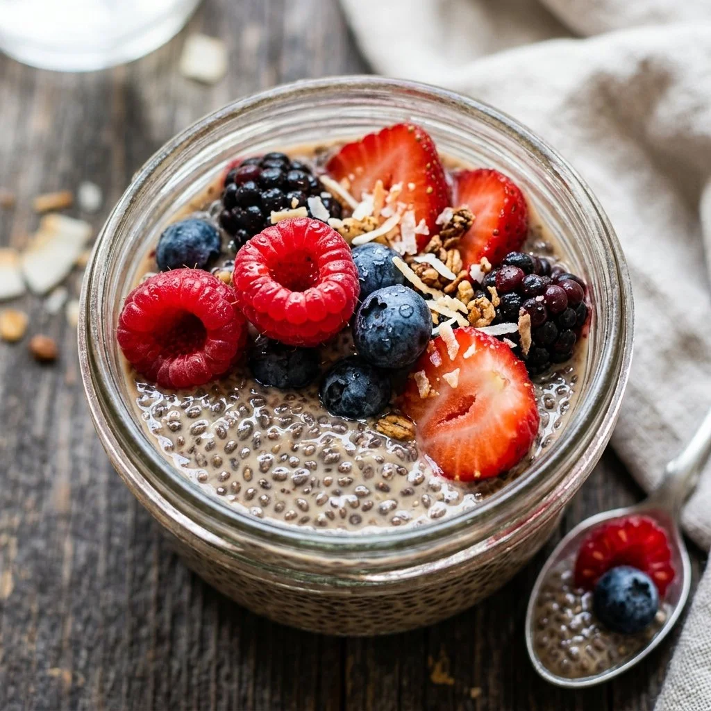 Bowl of creamy chia seed pudding topped with fresh fruit and nuts