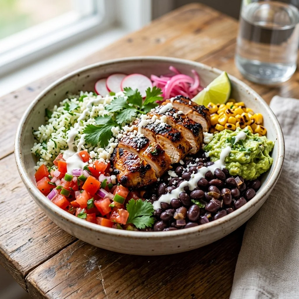 Delicious homemade Chicken Burrito Bowls with fresh ingredients and vibrant toppings.