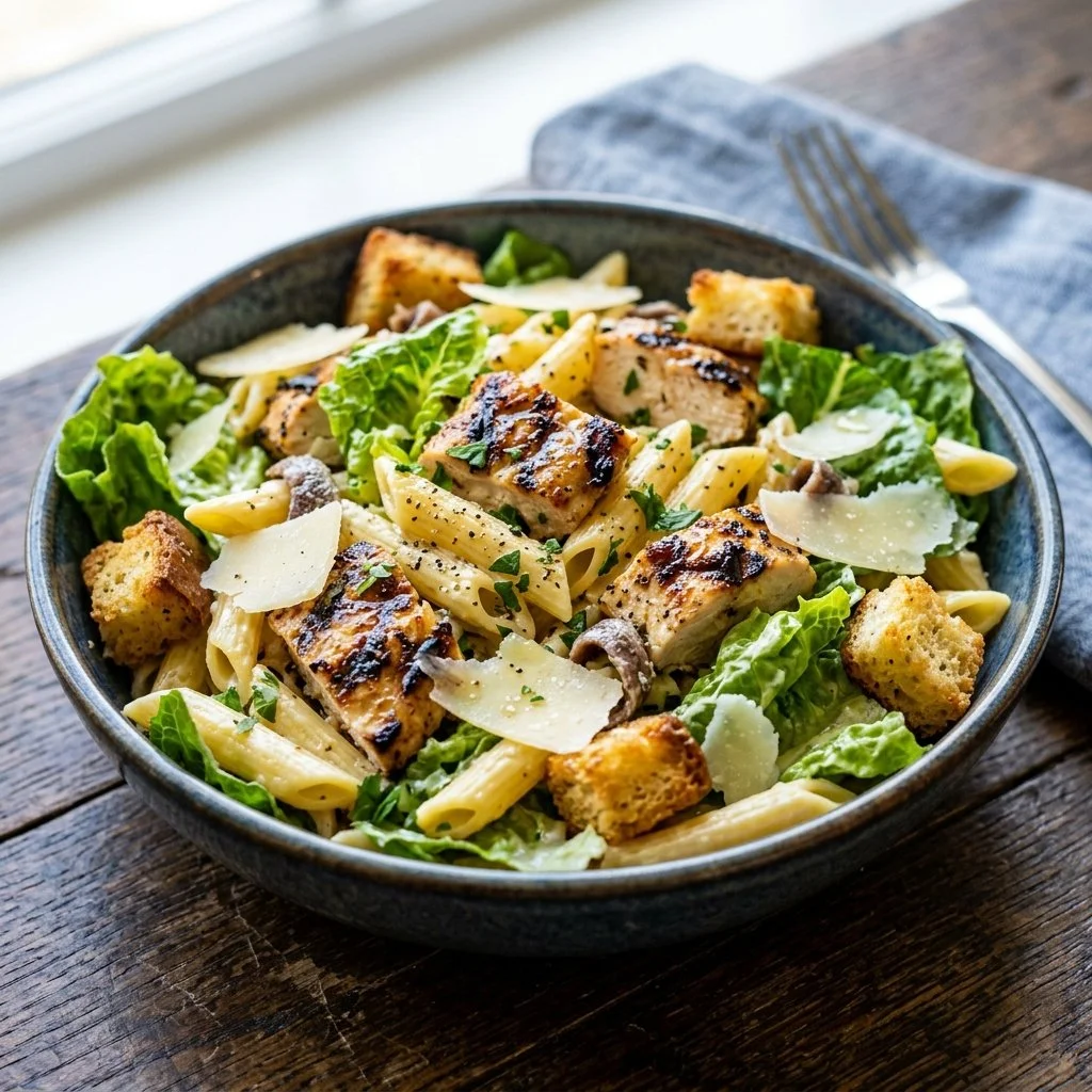 Delicious Chicken Caesar Pasta topped with parmesan and croutons