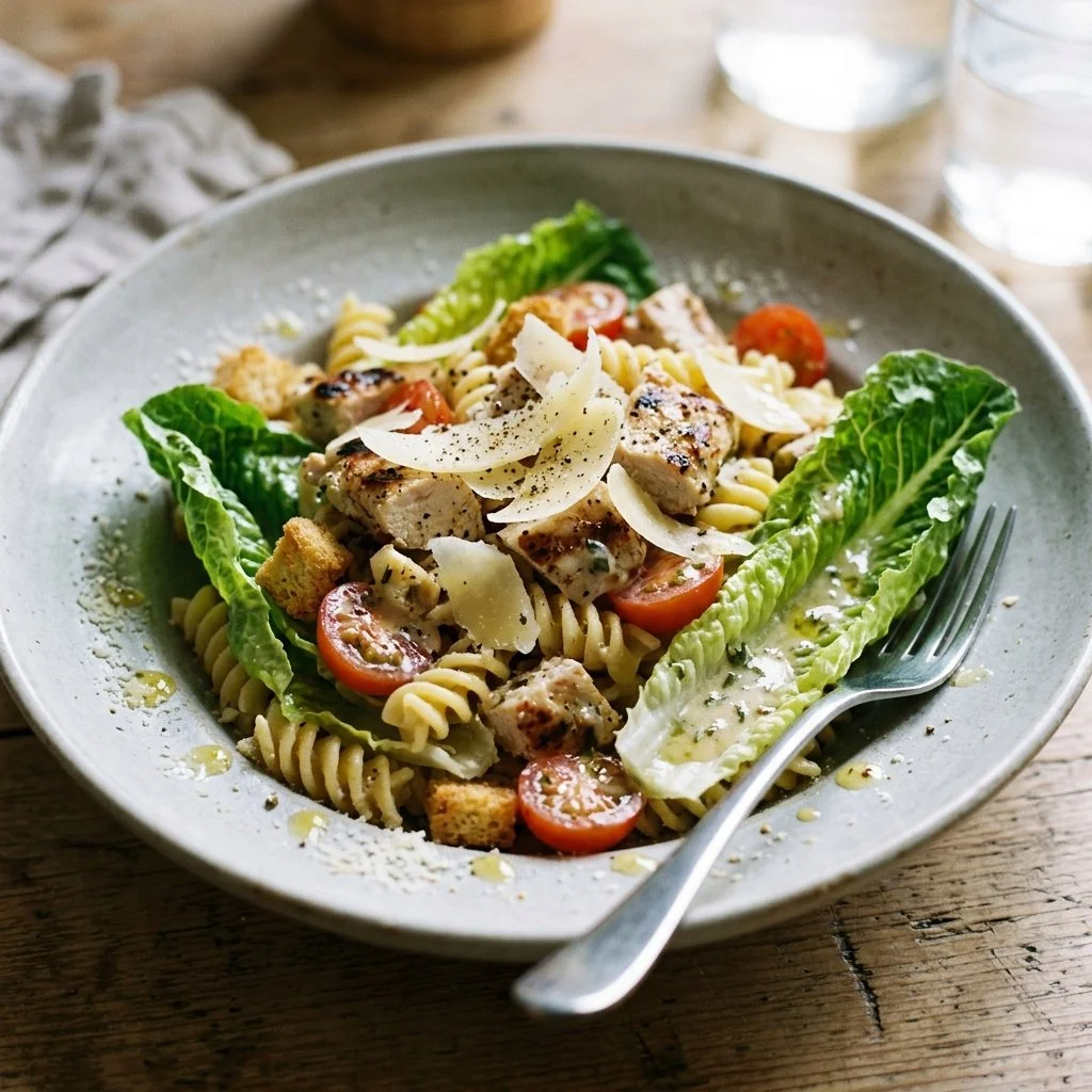 Delicious Chicken Caesar Pasta Salad served in a bowl with dressing and croutons