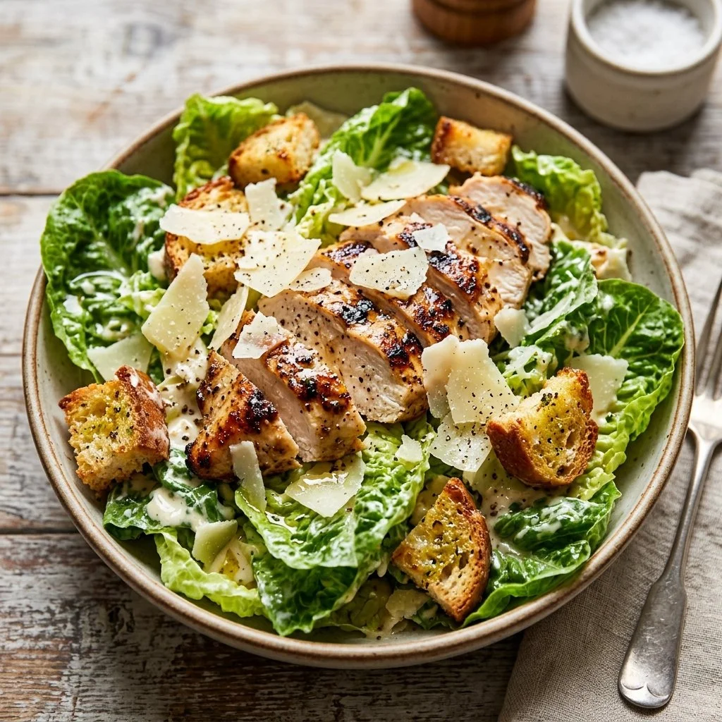 Delicious Chicken Caesar Salad with grilled chicken, romaine lettuce, and Caesar dressing