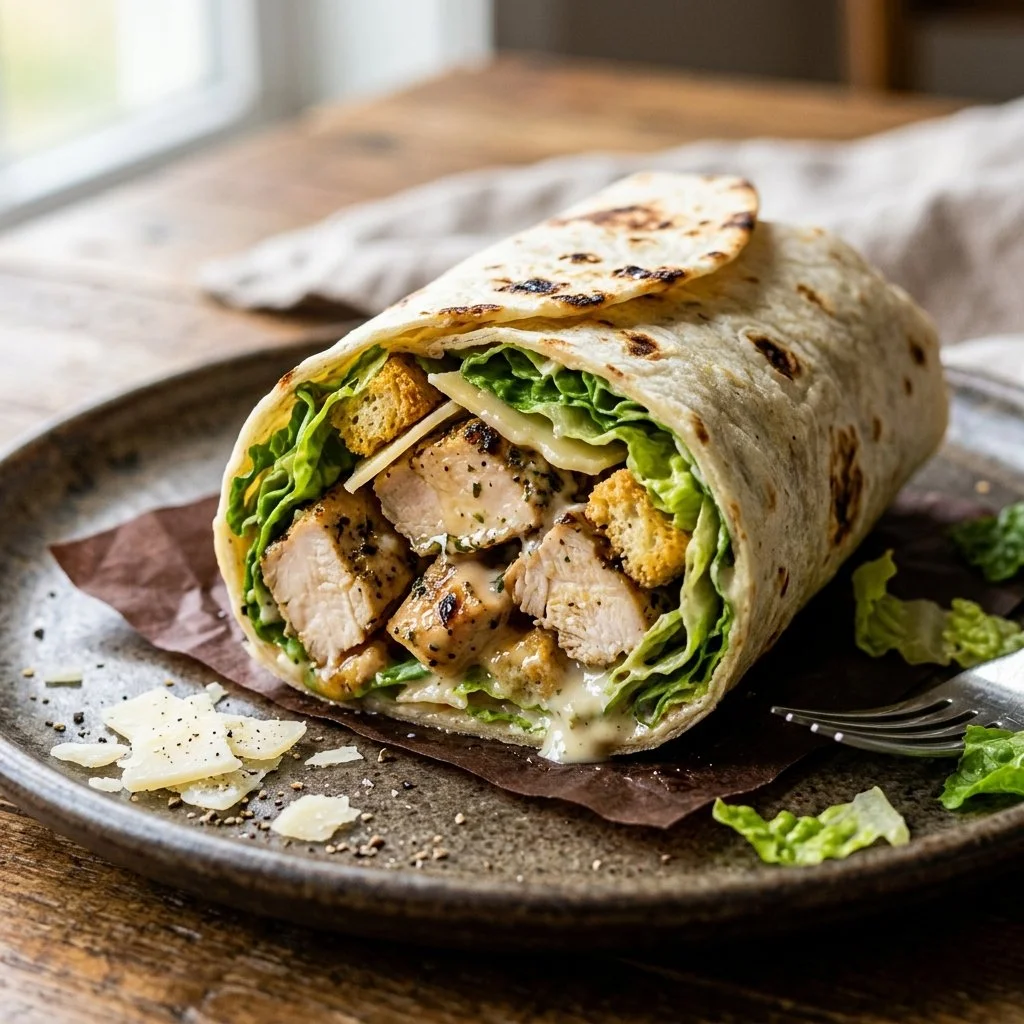 Delicious Chicken Caesar Salad Wrap with grilled chicken, romaine lettuce, and Caesar dressing.