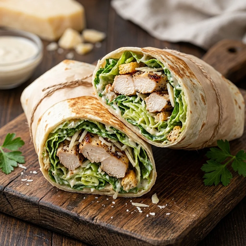Chicken Caesar Salad Wraps with crisp lettuce and grilled chicken in a tortilla.
