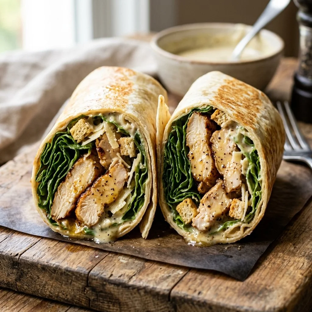 Chicken Caesar Wrap with fresh ingredients and dressing in a tortilla