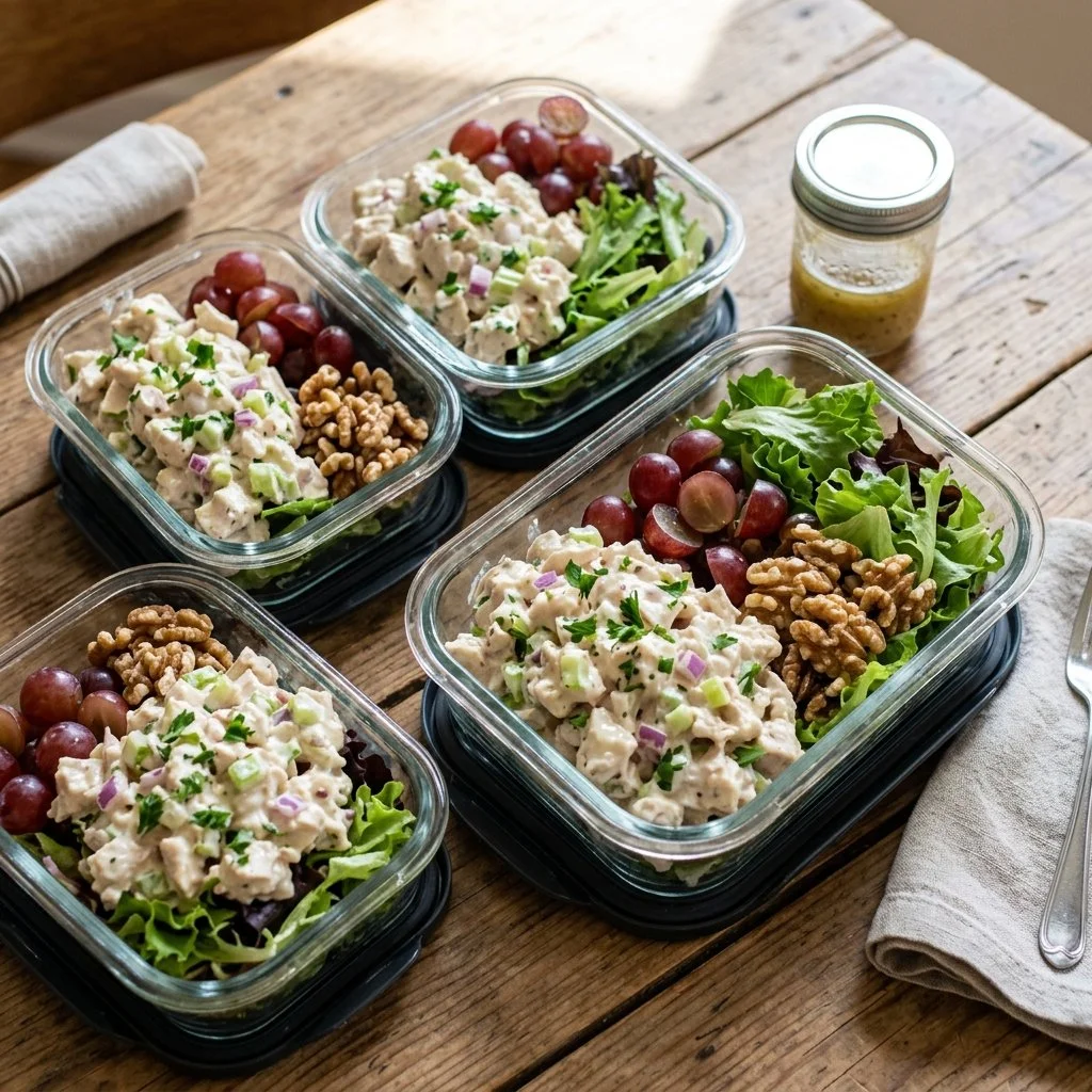 Healthy chicken salad meal prep in clear containers for easy lunch ideas