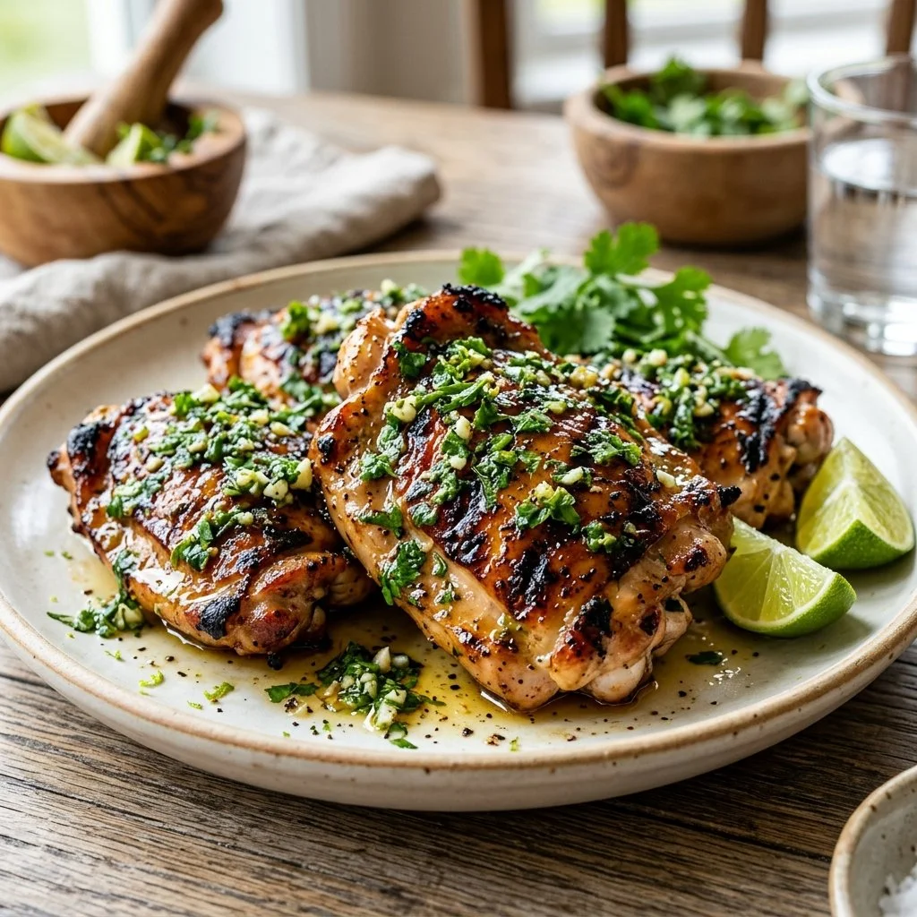 Delicious Cilantro Lime Chicken garnished with fresh cilantro and lime.