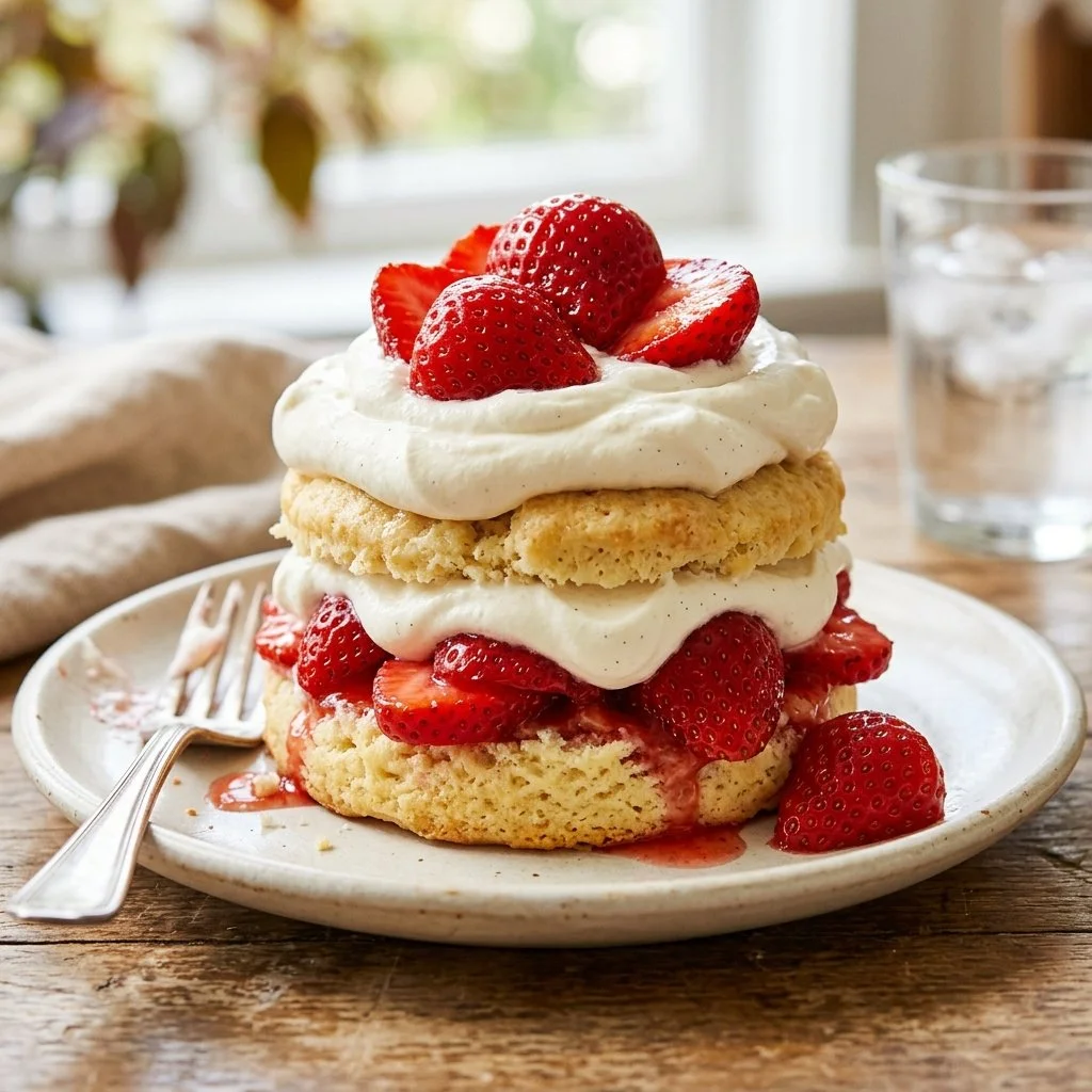 Delicious classic strawberry shortcake topped with fresh strawberries and whipped cream