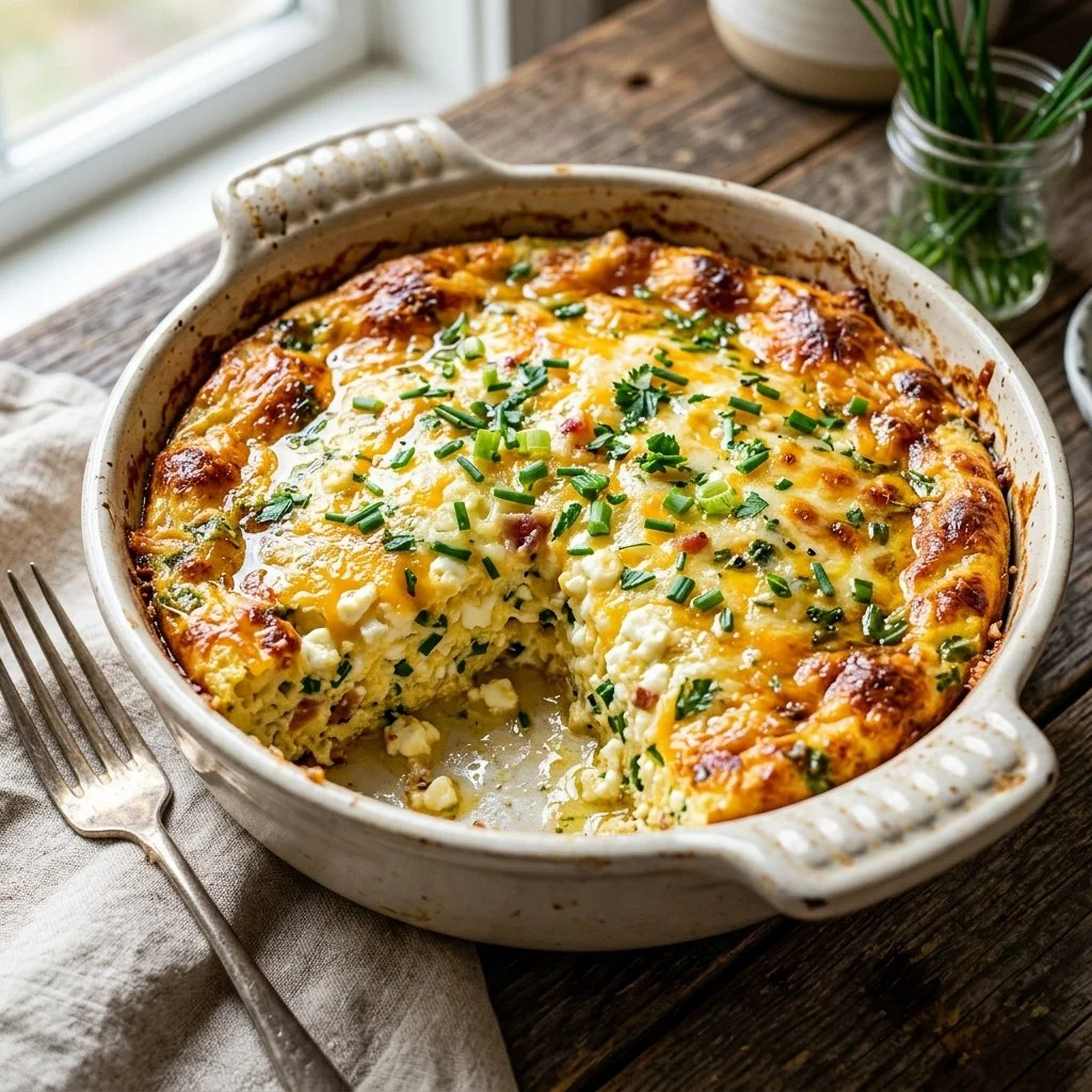 Cottage Cheese Egg Bake fresh out of the oven, garnished with herbs