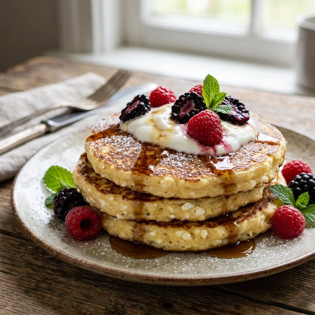Fluffy cottage cheese pancakes stacked with syrup and fresh fruit.