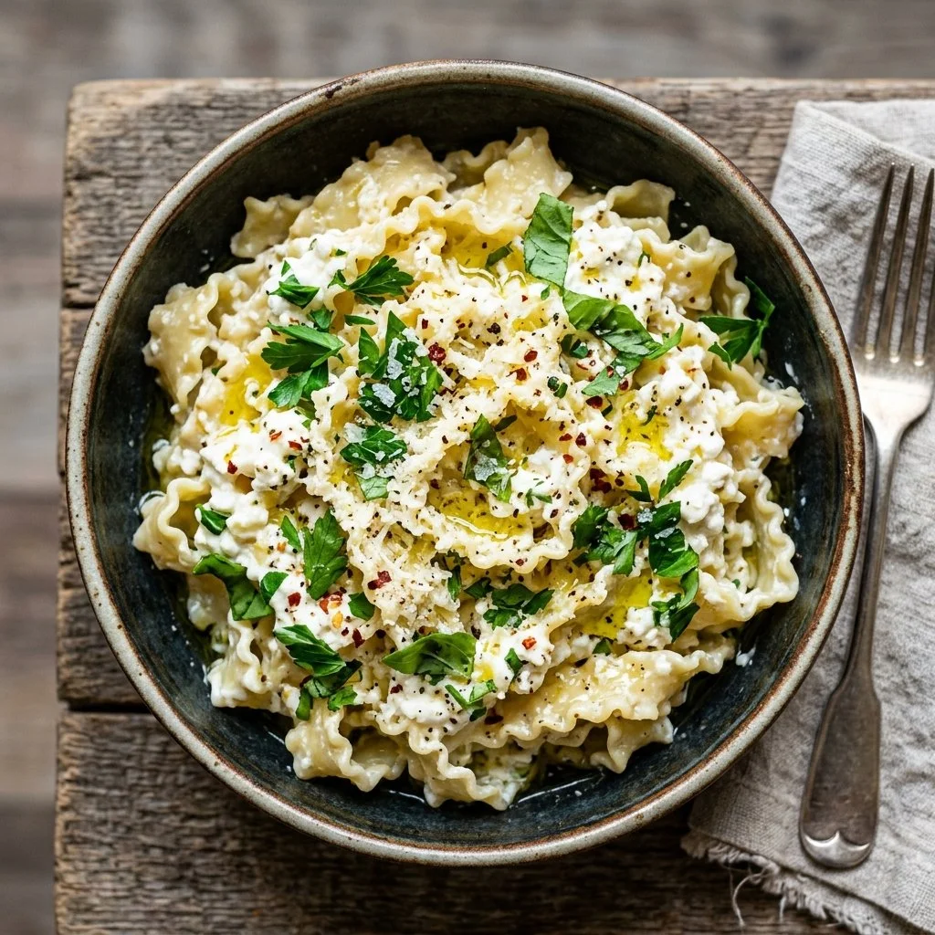 Delicious bowl of cottage cheese pasta with fresh ingredients