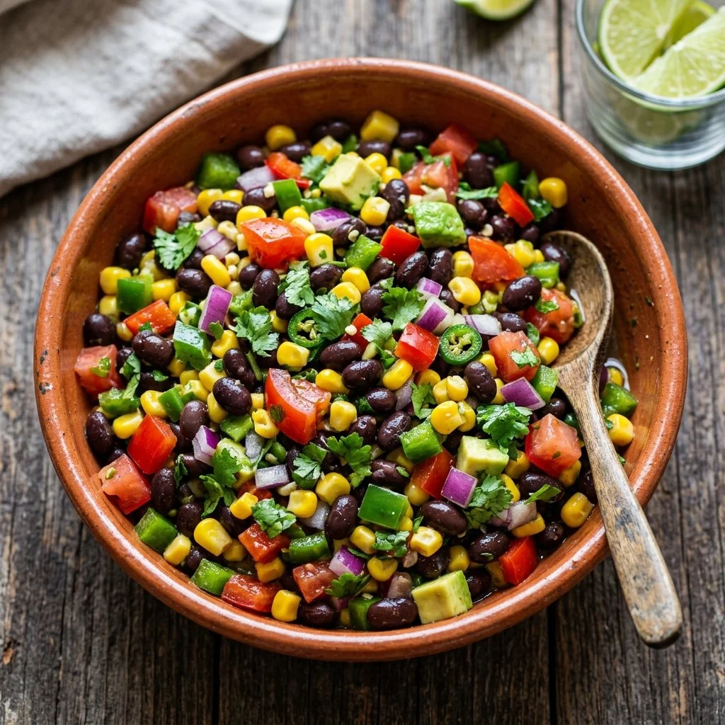 Colorful bowl of Cowboy Caviar with beans, corn, and vegetables