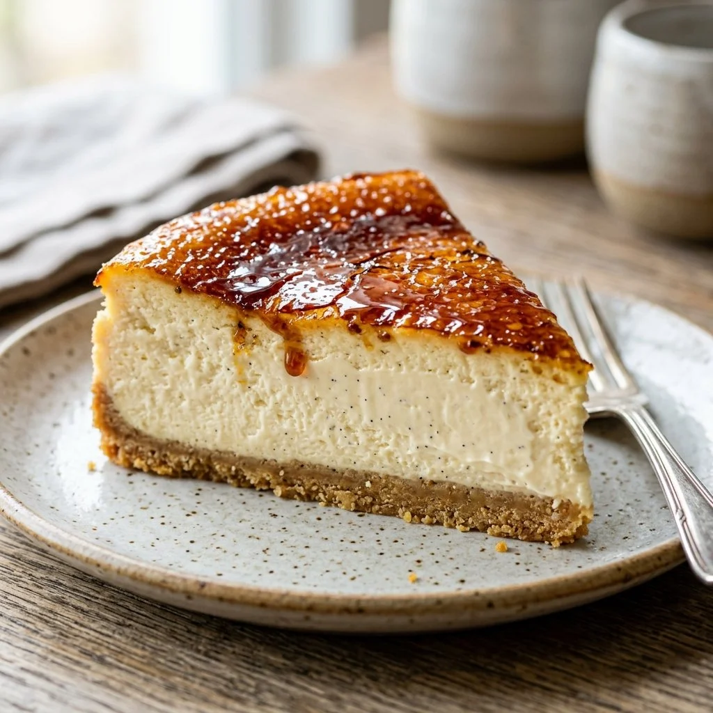 Decadent Crème Brûlée Cheesecake topped with caramelized sugar