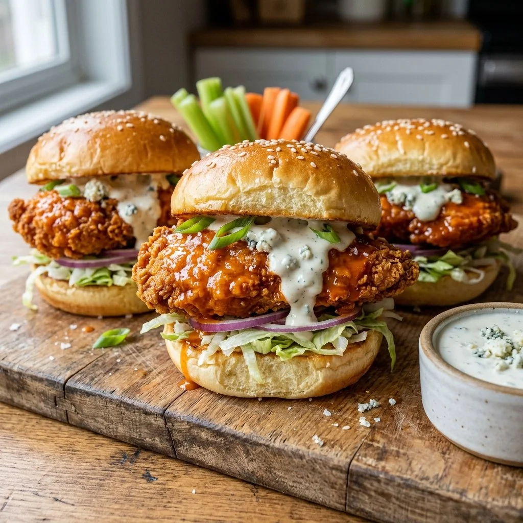 Crispy Buffalo Chicken Sliders served with fresh veggies and sauce