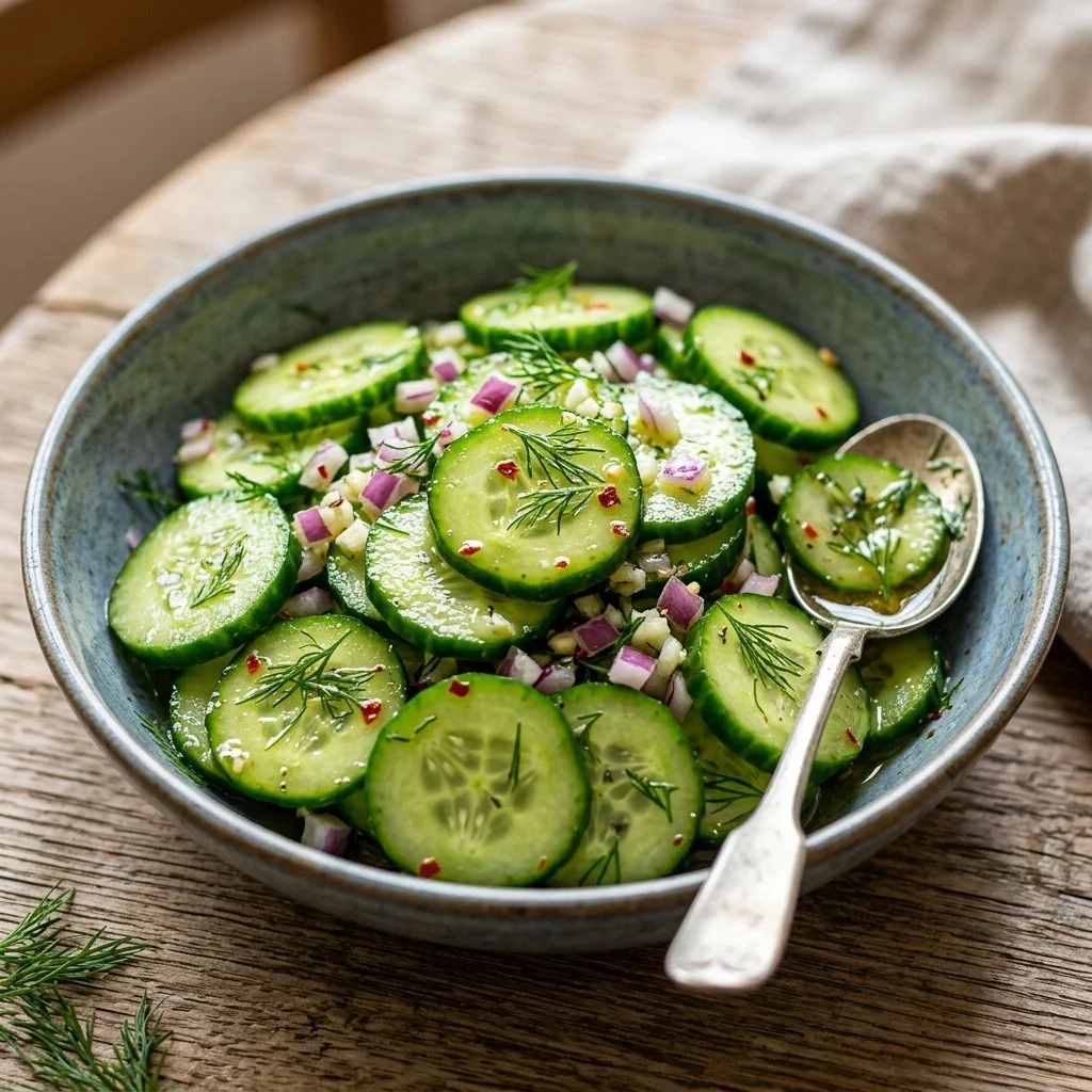 Fresh cucumber salad with herbs and dressing in a bowl