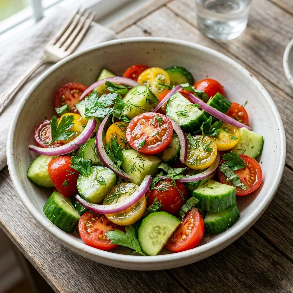 Fresh cucumber tomato salad in a bowl with herbs and dressing