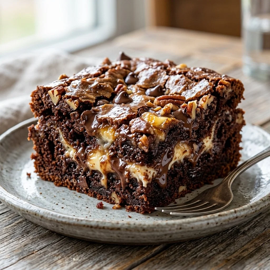 Delicious Earthquake Cake topped with cream cheese and coconut sprinkles.