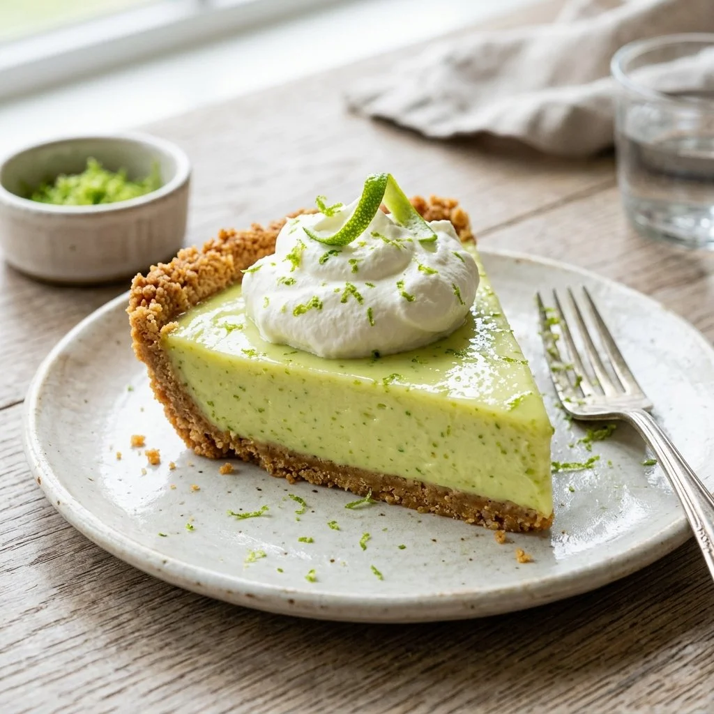 Slice of easy key lime pie garnished with lime and whipped cream