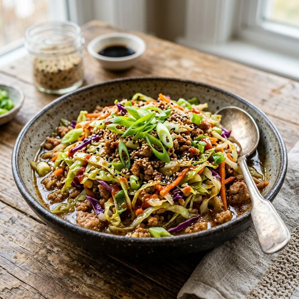Delicious Egg Roll in a Bowl recipe with fresh vegetables and savory sauce.