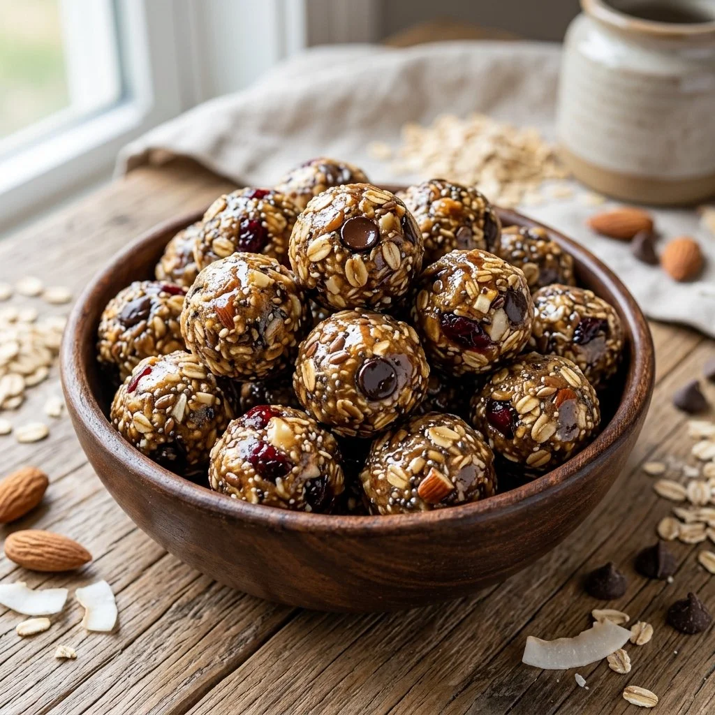 Homemade energy bites made with nuts, seeds, and chocolate