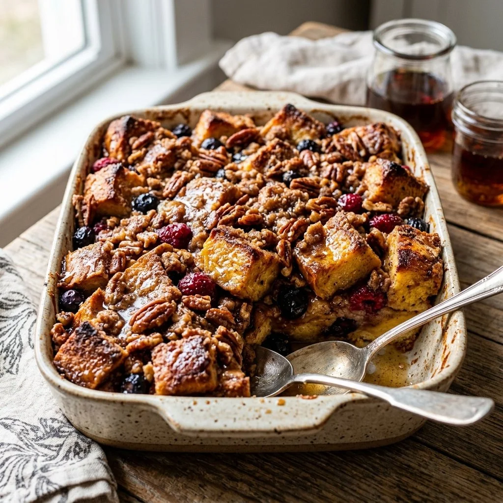 Deliciously baked French Toast Casserole with syrup and berries