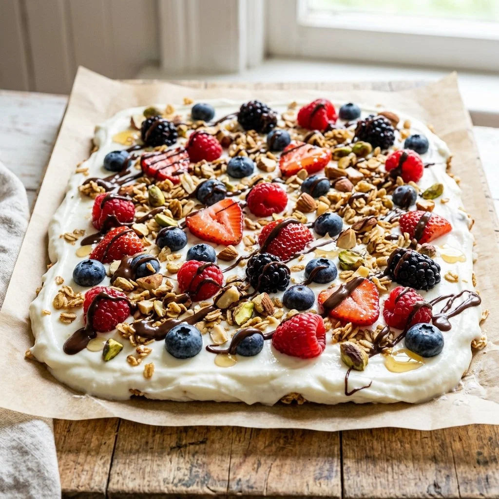 Delicious and colorful frozen yogurt bark topped with fruits and nuts.