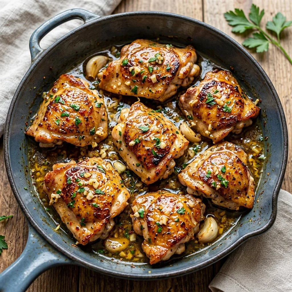 Juicy Garlic Butter Chicken garnished with herbs on a plate