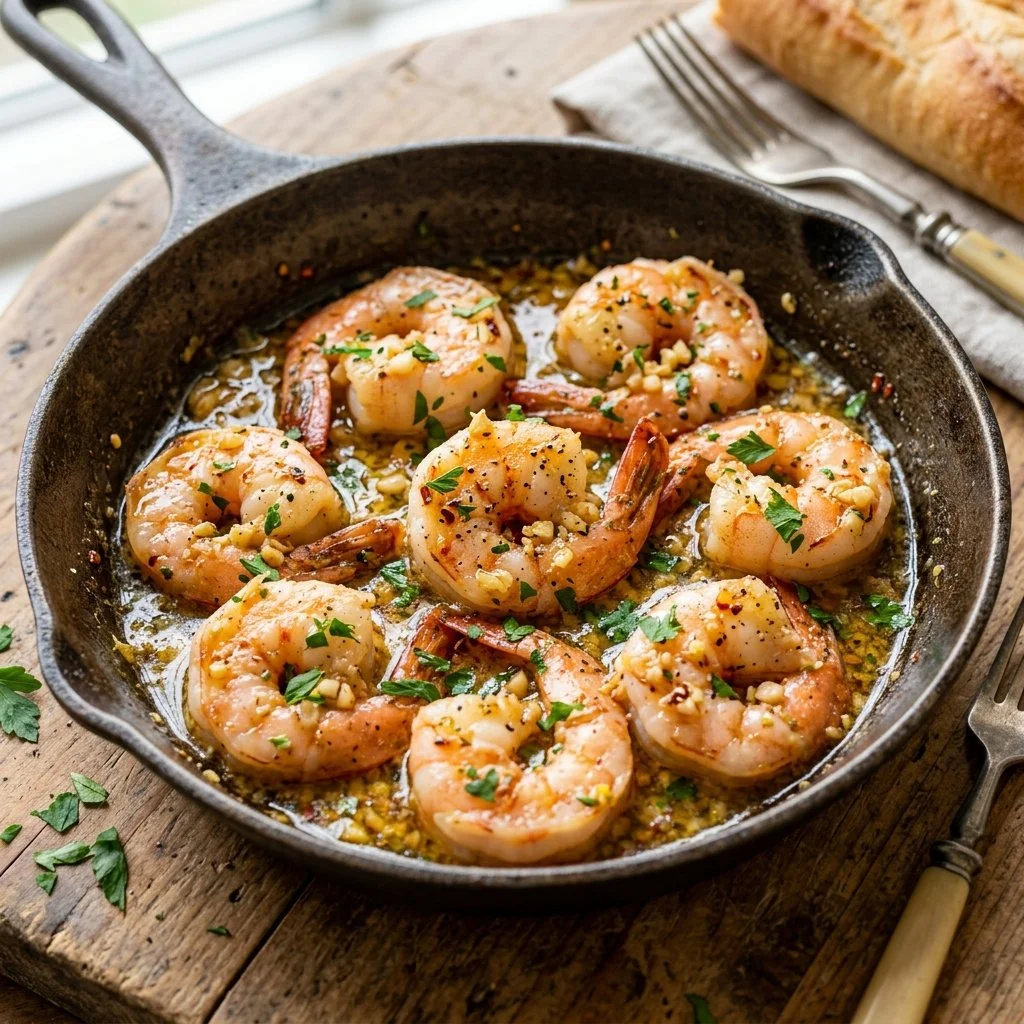 Delicious garlic butter shrimp served with herbs and lemon.