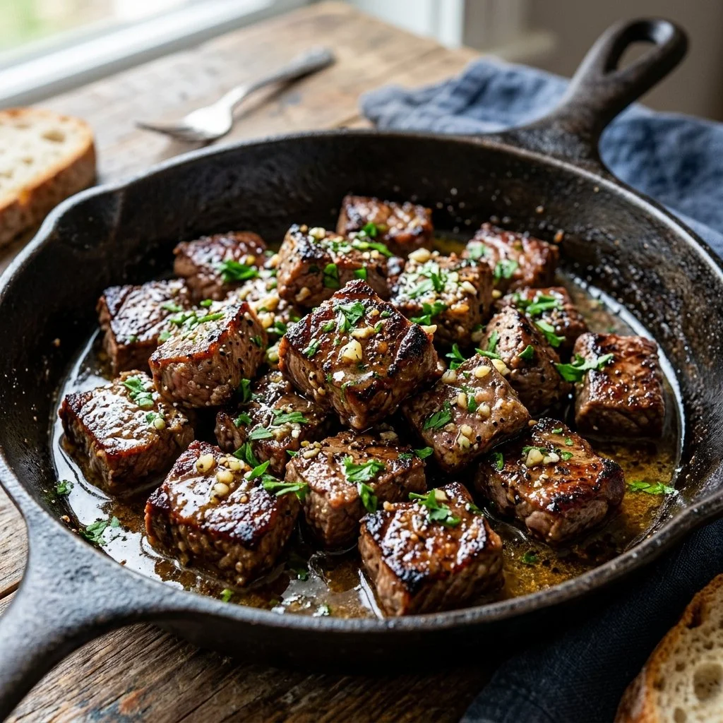 Delicious garlic butter steak bites garnished with fresh herbs