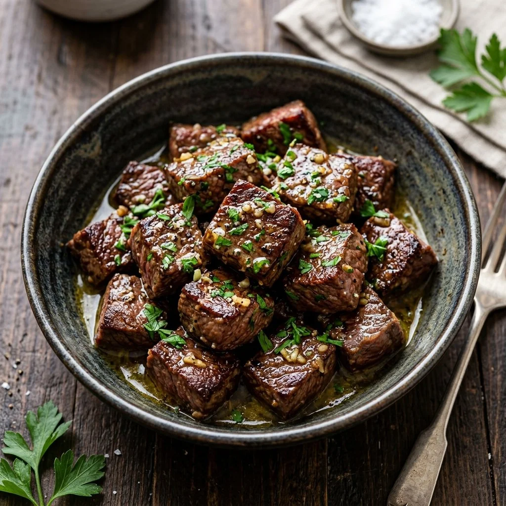 Delicious garlic butter steak bites served on a plate with garnish