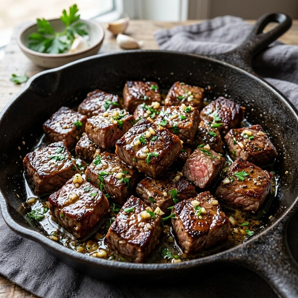 Delicious garlic butter steak bites served on a plate garnished with herbs.