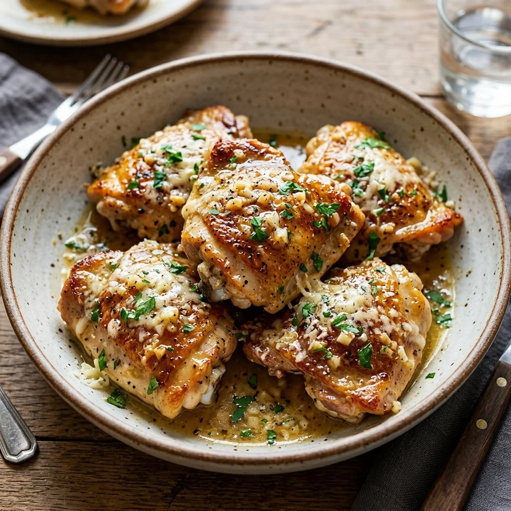 Delicious Garlic Parmesan Chicken served with herbs and spices.