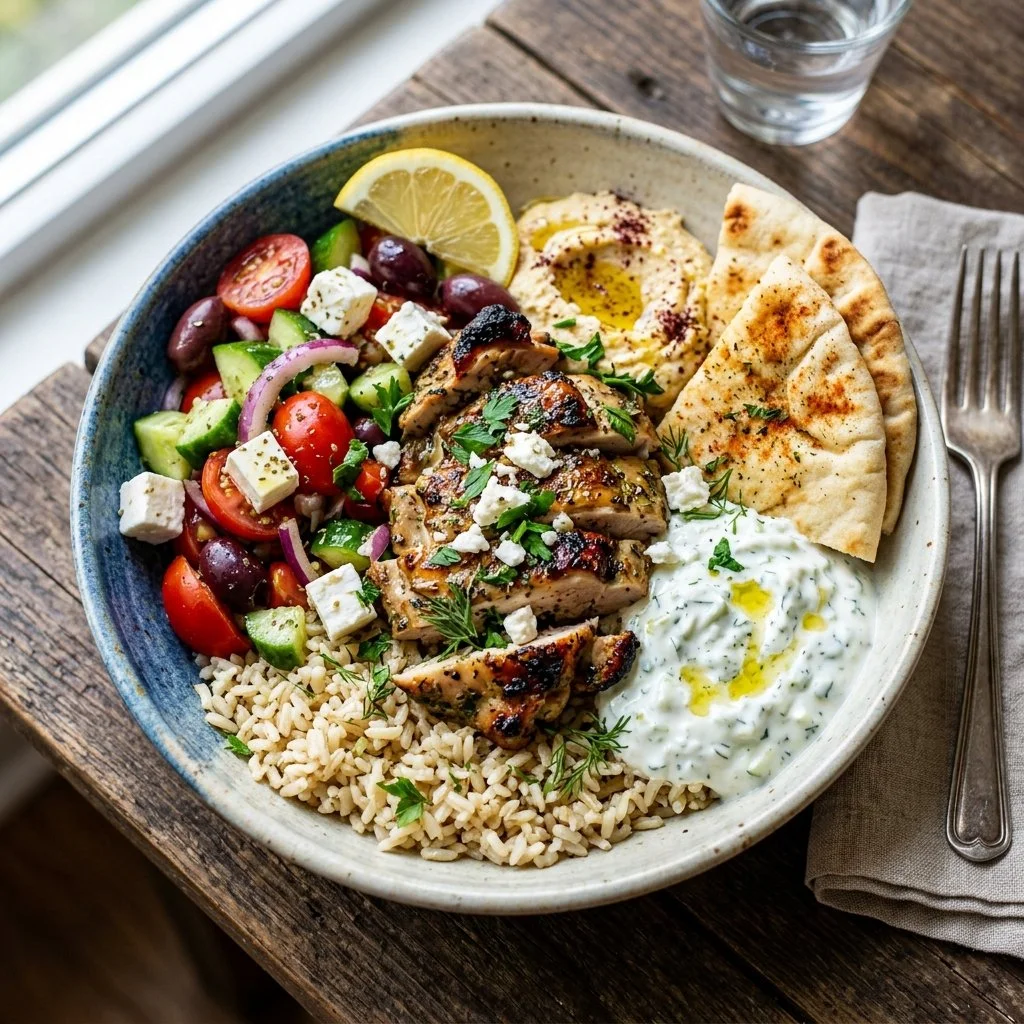 Healthy Greek Chicken Bowl with fresh vegetables and herbs