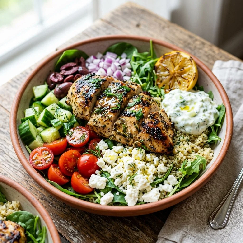Delicious Greek Chicken Bowls with fresh vegetables and grains