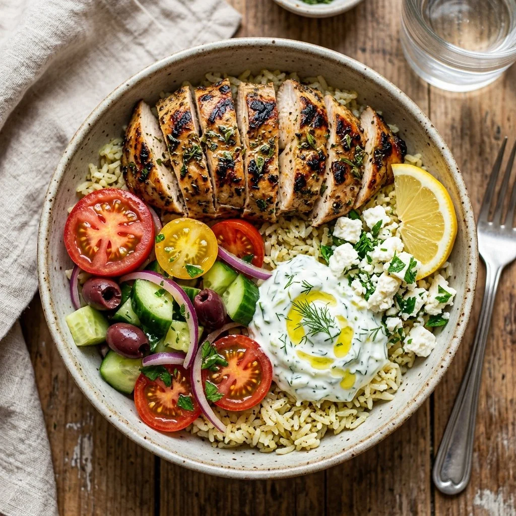 A vibrant Greek chicken bowl with olives, tzatziki, and fresh vegetables