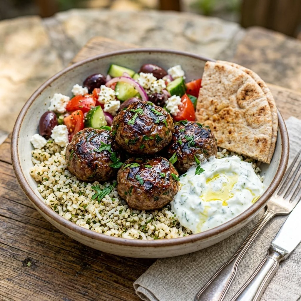 Delicious Greek meatball bowls served with fresh ingredients