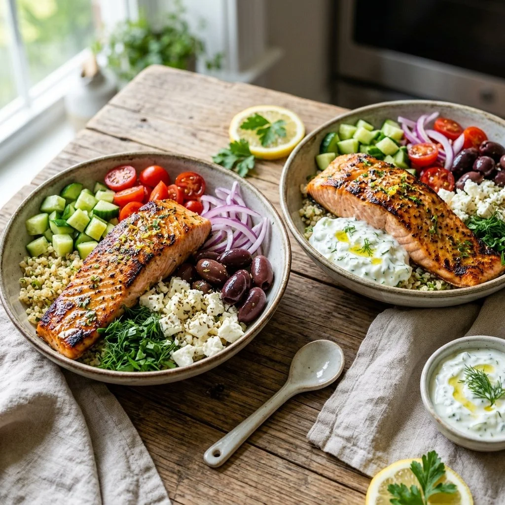Greek salmon bowl with fresh vegetables, feta cheese, and olives