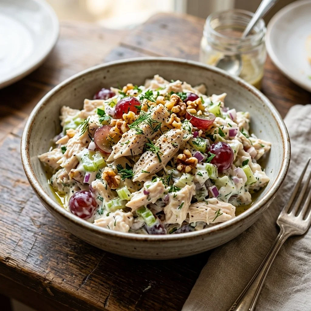 Delicious Greek Yogurt Chicken Salad served in a bowl with fresh ingredients