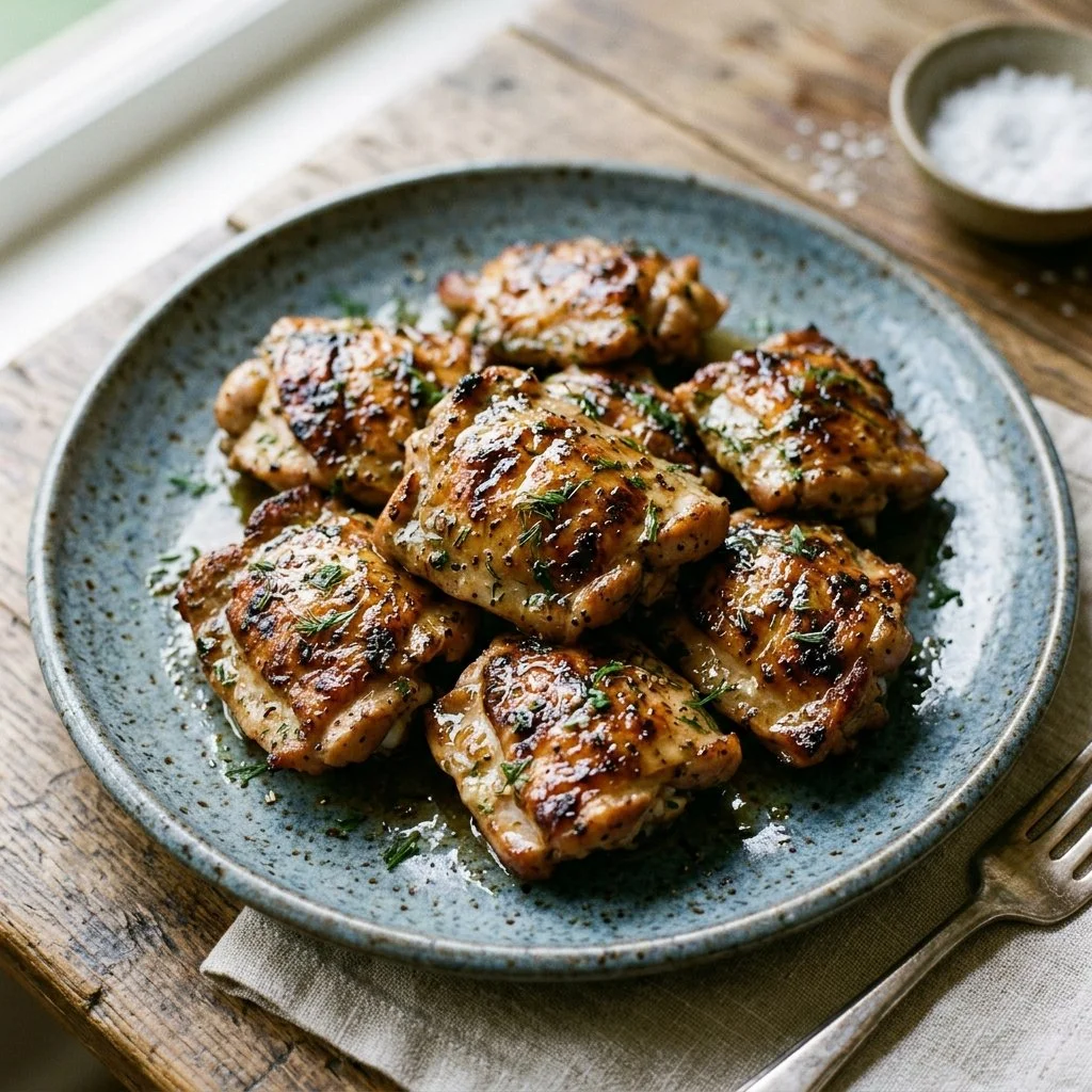 Juicy Greek yogurt marinated chicken served with fresh herbs and vegetables.
