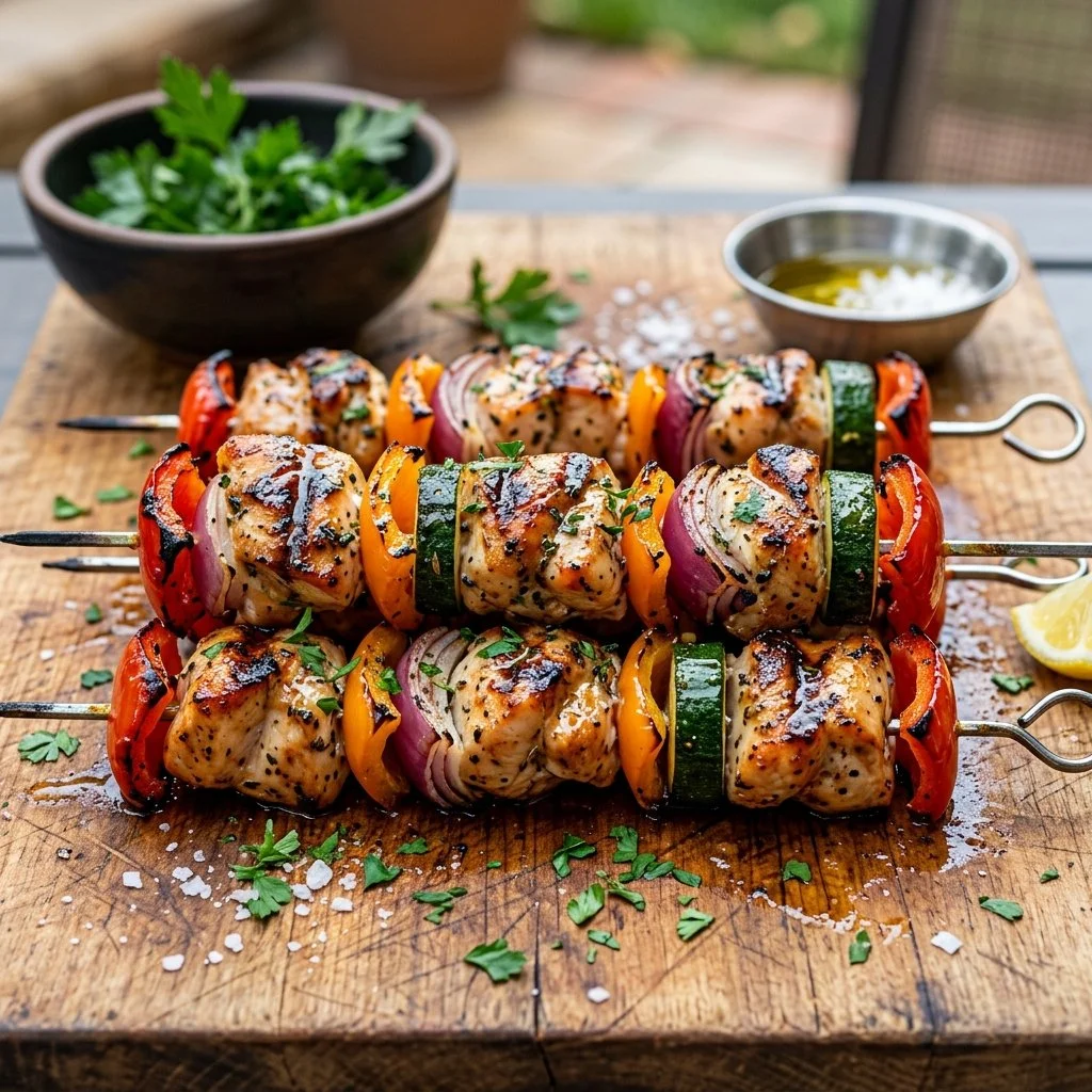 Flavorful grilled chicken kabobs skewered with colorful vegetables